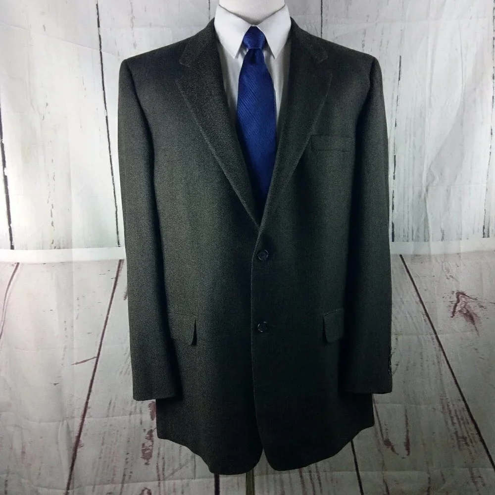Club Room Macy's Wool Cashmere 46L 2 Button Dark Olive Herringbone Sport Coat